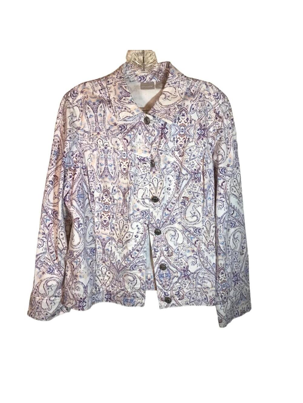 Chicos jacket women’s 1 8/10 pink purple paisley floral button up colorful short